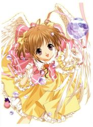 Rule 34 | 00s, 1girl, :d, ahoge, angel wings, arm up, bolo tie, bow, brown hair, bubble, blowing bubbles, capelet, dress, feathered wings, frilled gloves, frilled shirt collar, frilled sleeves, frills, from above, gloves, hair bow, heart, hinako (sister princess), holding, open mouth, outstretched arm, petticoat, pink footwear, pink ribbon, purple eyes, ribbon, shoes, short twintails, simple background, sister princess, smile, soap bubbles, solo, tareme, tenhiro naoto, twintails, white background, white gloves, white wings, wings, yellow bow, yellow dress