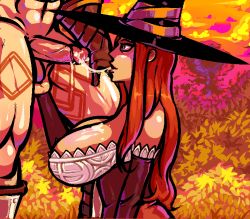 Rule 34 | 2girls, abs, amazon (dragon&#039;s crown), breasts, brown hair, caressing testicles, cleavage, detached sleeves, dragon&#039;s crown, futanari, gloves, hat, huge breasts, long hair, multiple girls, muscular, s-purple, saliva, saliva trail, sorceress (dragon&#039;s crown), testicles, witch hat