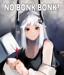 Rule 34 | 1girl, absurdres, arknights, bare shoulders, black shirt, black tank top, blood, blood on face, blunt bangs, english text, furrowed brow, hair ornament, hammer, highres, holding, holding weapon, horns, looking to the side, meme, mudrock (arknights), mudrock (elite ii) (arknights), no bitches? (meme), red eyes, shirt, sidelocks, sledgehammer, solo, tank top, upper body, wawamachi (wawamachis), weapon, white hair