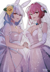 Rule 34 | 2girls, absurdres, alternate costume, alternate hairstyle, animal ear fluff, animal ears, artist name, braid, breasts, bridal gauntlets, bridal veil, choker, cleavage, commentary request, dress, elbow gloves, female focus, flower, gloves, hair between eyes, hair flower, hair ornament, heterochromia, highres, holding hands, hololive, houshou marine, interlocked fingers, jewelry, lipstick, looking at viewer, makeup, multiple girls, necklace, open mouth, orange eyes, rabbit ears, rabbit girl, red eyes, red hair, ring, senjoh maiko, short eyebrows, single braid, small breasts, smile, sparkle, thick eyebrows, upper body, usada pekora, veil, virtual youtuber, wedding dress, white background, white choker, white dress, wife and wife, yellow eyes, yellow flower, yuri