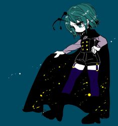 Rule 34 | 1girl, antennae, aqua background, black footwear, black shorts, black vest, blue eyes, blue thighhighs, boots, cape, expressionless, fireflies, garter straps, green hair, hand on own hip, looking down, short hair, short shorts, shorts, simple background, solo, sparkle, teal background, thighhighs, touhou, vest, wriggle nightbug, yt (wai-tei)