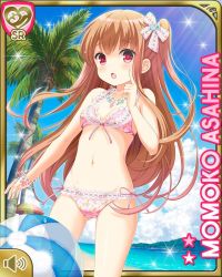 Rule 34 | 1girl, asahina momoko, ball, beach, beachball, blush, breasts, brown hair, card, character name, finger to mouth, girlfriend (kari), hair ornament, long hair, looking at viewer, navel, ocean, official art, open mouth, qp:flapper, red eyes, small breasts, solo, swimsuit