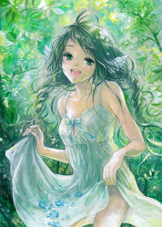 Rule 34 | 1girl, bow, braid, clothes lift, dress, dress lift, feather hair ornament, feathers, flower, green eyes, green hair, hair ornament, happy, leaf, matching hair/eyes, nature, original, outdoors, petals, skirt basket, smile, solo, sundress, toyoda izumi, traditional media