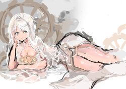 Rule 34 | 1girl, blue eyes, breasts, bridal veil, cleavage, dress, e.g.o (project moon), faust (project moon), gears, hand on own face, highres, jellying, limbus company, lying, project moon, short hair, solo, thighs, veil, wedding dress, white hair