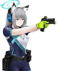 Rule 34 | 1girl, aiming, animal ear fluff, animal ears, belt, biker clothes, bikesuit, blue archive, blue eyes, bodysuit, breasts, cleavage, closed mouth, commentary request, ear protection, fte (fifteen 199), glock, gloves, green gloves, grey hair, gun, hair between eyes, hair ornament, halo, handgun, highres, holding, holding gun, holding weapon, holster, looking away, magazine (weapon), medium breasts, medium hair, official alternate costume, shiroko (blue archive), shiroko (cycling) (blue archive), short sleeves, sidelocks, simple background, solo, standing, weapon, white background, wolf ears, wolf girl