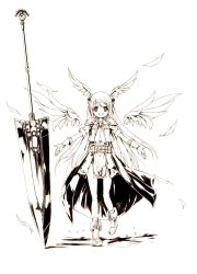 Rule 34 | 1girl, angel wings, armor, belt, boots, cropped jacket, dress, eien no aselia, eternity sword series, euphoria (eternity sword), euphoria (seinarukana), gloves, hair ornament, head wings, highres, hitomaru, jacket, long hair, monochrome, official art, open mouth, outstretched arms, pauldrons, polearm, seinarukana, shoulder armor, smile, solo, spear, sword, waist cape, weapon, wings