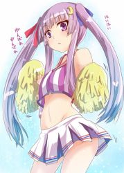 Rule 34 | 1girl, adapted costume, alternate costume, alternate hairstyle, bow, cheerleader, crescent, crescent hair ornament, gradient background, hair bow, hair ornament, long hair, looking at viewer, midriff, navel, no headwear, open mouth, patchouli knowledge, pom pom (cheerleading), purple eyes, purple hair, ram hachimin, shirt, skirt, sleeveless, solo, striped clothes, striped shirt, text focus, touhou, twintails, vertical stripes