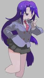 Rule 34 | 1girl, arm behind back, black skirt, blazer, buttergirl 02, buttons, collared shirt, commentary request, cropped legs, curtained hair, double-breasted, floating hair, goshiki agiri, grey background, half-closed eyes, hand up, highres, jacket, kill me baby, kuji-in, long hair, long sleeves, looking ahead, miniskirt, necktie, pleated skirt, purple eyes, purple hair, purple jacket, raised eyebrows, red necktie, school uniform, shirt, simple background, skirt, smile, solo, very long hair, white shirt