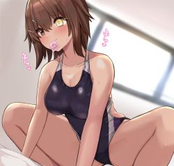 Rule 34 | 1girl, blush, breasts, breath, brown eyes, brown hair, competition swimsuit, condom, condom in mouth, condom wrapper, furutaka (kancolle), furutaka kai ni (kancolle), glowing, glowing eye, hair ornament, hairclip, hetero, kantai collection, kihou no gotoku dmc, large breasts, mouth hold, one-piece swimsuit, paid reward available, short hair, solo, squatting, sweat, swimsuit, yellow eyes