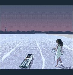 Rule 34 | 1girl, animated, barefoot, dress, from behind, holding, holding shoes, instrument, keyboard (instrument), long hair, looping animation, motocross saito, ocean, original, outdoors, pixel art, shoes, solo, standing, twilight, unworn shoes, video, wading, water, white dress