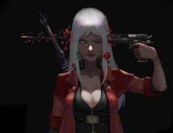 Rule 34 | 1girl, absurdres, alternate body fluid, bad id, bad pixiv id, blood, bloody tears, blue eyes, breasts, bullet, cleavage, closed mouth, coat, commentary request, crying, dante (devil may cry), devil may cry, devil may cry (series), devil may cry 4, ebony (devil may cry), fingerless gloves, flower, genderswap, genderswap (mtf), gloves, gun, handgun, highres, jacket, large breasts, lipstick, long hair, m1911, makeup, rebellion (sword), rose, smile, solo, suicide, sword, weapon, white hair