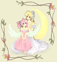 Rule 34 | 1990s (style), 2girls, age difference, bare shoulders, barefoot, bishoujo senshi sailor moon, blonde hair, chibi usa, child, cone hair bun, crescent, crescent facial mark, crescent moon, double bun, dress, facial mark, feet, gown, hair bun, moon, mother and daughter, multiple girls, nako, pink hair, princess serenity, retro artstyle, short twintails, small lady serenity, strapless, strapless dress, toes, tsukino usagi, twintails, wings