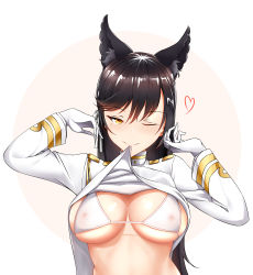 Rule 34 | 1girl, ;), absurdres, animal ears, atago (azur lane), azur lane, black hair, bra, breasts, closed mouth, gloves, heart, highres, long hair, medium breasts, mole, mole under eye, mouth hold, one eye closed, smile, solo, underwear, upper body, white bra, white gloves, yellow eyes, zijiang