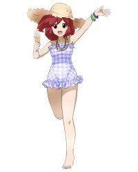 Rule 34 | 1girl, :d, arm up, barefoot, bracelet, brown hat, casual one-piece swimsuit, collarbone, feet, food, full body, hat, holding, holding food, ice cream, jewelry, leg up, log horizon, long hair, looking at viewer, necklace, official art, one-piece swimsuit, open mouth, red eyes, red hair, serara (log horizon), smile, solo, standing, standing on one leg, straw hat, sun hat, swimsuit, toes, transparent background