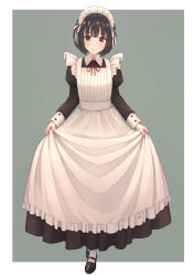 Rule 34 | 1girl, apron, apron hold, bad id, bad pixiv id, black dress, black eyes, black footwear, black hair, blunt bangs, blush, bob cut, closed mouth, commentary request, dress, frilled apron, frills, full body, hair ribbon, highres, juliet sleeves, long sleeves, looking at viewer, maid, maid headdress, neck ribbon, original, puffy sleeves, red ribbon, ribbon, shoes, smile, solo, standing, tanbonota46, white apron, white ribbon