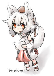 Rule 34 | 1girl, :d, animal ears, detached sleeves, hat, hisui (kimochi), holding, holding paper, inubashiri momiji, open mouth, orange eyes, paper, footwear ribbon, short hair, smile, solo, tail, tokin hat, touhou, twitter username, white background, white hair, wolf ears, wolf tail