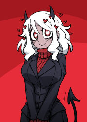 Rule 34 | 1girl, :&gt;, absurdres, black jacket, black skirt, bright pupils, closed mouth, cowboy shot, demon girl, demon horns, demon tail, heart, heart-shaped pupils, helltaker, highres, horns, itou yuuji, jacket, long sleeves, looking at viewer, modeus (helltaker), red background, red eyes, red sweater, ribbed sweater, skirt, smile, solo, sweater, symbol-shaped pupils, tail, tail wagging, upper body, v arms, vanripper (style), white hair, white pupils
