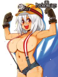 Rule 34 | 1girl, areola slip, arms up, breasts, character request, cowboy shot, denim, denim shorts, flexing, gloves, hard hat, helmet, large breasts, logo, long hair, lowres, naked suspenders, navel, official art, open mouth, psychic hearts, red eyes, ryoji (nomura ryouji), short hair, short shorts, shorts, smile, solo, suspenders, sweat, torn clothes, white hair