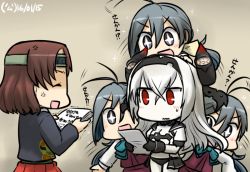 Rule 34 | + +, 10s, 3girls, abyssal ship, ahoge, air defense princess, anger vein, brown hair, chiyoda (kancolle), colored skin, dated, grey hair, hamu koutarou, headband, kantai collection, kiyoshimo (kancolle), long hair, multiple girls, open mouth, short hair, simple background, sparkle, sparkling eyes, translated, twintails, white hair, white skin