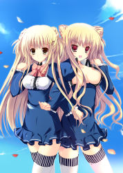 Rule 34 | 2girls, :d, blonde hair, blush, bow, breasts, brown hair, character request, cloud, double bun, fang, hair ornament, hairclip, highres, large breasts, leaf, crossed legs, locked arms, long hair, looking at viewer, masa ni hyouhen!? ojou-sama, mizusawa mimori, multiple girls, no bra, official art, open mouth, petals, red eyes, sky, smile, standing, thighhighs, twintails, white legwear, zettai ryouiki
