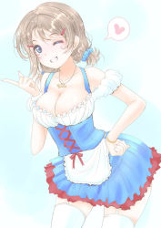 Rule 34 | 10s, 1girl, alternate hairstyle, areola slip, bare shoulders, blue eyes, blush, breasts, cleavage, earrings, frapowa, garter straps, grey hair, grin, hair ornament, hair scrunchie, hairclip, hand on own hip, heart, jewelry, large breasts, looking at viewer, love live!, love live! school idol festival, love live! sunshine!!, necklace, no bra, one eye closed, parted lips, scrunchie, short hair, short twintails, skirt, smile, solo, sparkle, spoken heart, standing, teeth, thighhighs, twintails, watanabe you, white thighhighs, wink