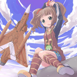 Rule 34 | 00s, 1girl, ace combat, aircraft, airplane, alternate costume, brown hair, casual, child, company connection, fighter jet, idolmaster, idolmaster (classic), jet, military, military vehicle, mirage2000-5, mirage 2000, mtr, solo, takatsuki yayoi
