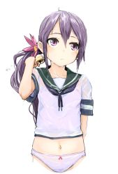 Rule 34 | 10s, 1girl, akebono (kancolle), bell, bow, bow panties, camisole, flower, hair bell, hair flower, hair ornament, highres, jingle bell, kantai collection, long hair, looking away, midriff, momo (higanbana and girl), navel, no pants, panties, ponytail, purple eyes, purple hair, sailor collar, school uniform, see-through, serafuku, shirt, simple background, solo, underwear, wet, wet clothes, white background, white panties, white shirt