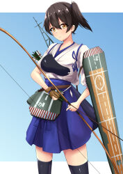Rule 34 | 1girl, absurdres, arrow (projectile), black thighhighs, blue skirt, bow (weapon), closed mouth, dot nose, frilled skirt, frills, gloves, highres, hiuyec, holding, holding arrow, kaga (kancolle), kantai collection, legs apart, looking at viewer, partially fingerless gloves, quiver, short hair, short sleeves, side ponytail, simple background, single glove, skirt, solo, standing, thighhighs, two-tone background, v-shaped eyebrows, weapon, wing bow, yellow eyes