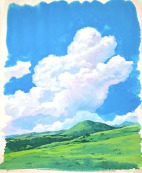 Rule 34 | absurdres, cloud, cumulonimbus cloud, field, grass, highres, hill, no humans, original, outdoors, painting (medium), sawitou mizuki, scan, scenery, traditional media