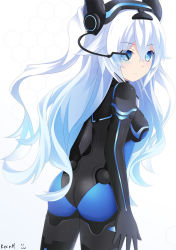 Rule 34 | 10s, 1girl, artist name, ass, bad id, bad pixiv id, black heart (neptunia), blue eyes, blush, bodysuit, boots, breasts, from behind, gloves, gradient background, headgear, highres, keenh, long hair, looking at viewer, looking back, neptune (series), next black, noire (neptunia), scouter, shin jigen game neptune vii, shiny clothes, smile, solo, symbol-shaped pupils, thigh boots, thighhighs, visor, white hair
