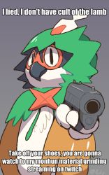 Rule 34 | 1other, aiming, aiming at viewer, artist name, beak, black eyes, body fur, boke-chan, brown fur, closed mouth, creatures (company), decidueye, english text, finger on trigger, furry, game freak, gen 7 pokemon, green fur, grey background, gun, hand up, holding, holding gun, holding weapon, looking at viewer, meme, multicolored fur, nintendo, other focus, pokemon, pokemon (creature), signature, simple background, sketch, slit pupils, solo, standing, twitter username, upper body, weapon, white fur, wings