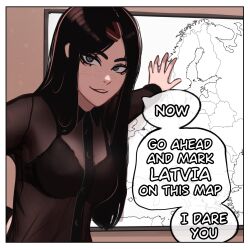 Rule 34 | 1girl, black bra, black hair, black shirt, blue eyes, border, bra, breasts, collared shirt, commentary, english commentary, english text, europe map, freckles, highres, kadence (veyonis), long hair, long sleeves, looking at viewer, map, medium breasts, original, outstretched arm, see-through, see-through shirt, shirt, solo, speech bubble, underwear, upper body, veyonis, white border