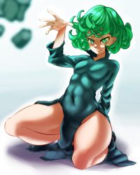 Rule 34 | 1girl, breasts, closed mouth, covered navel, curly hair, full body, green eyes, green hair, highres, kneeling, long sleeves, matching hair/eyes, one-punch man, rockset, short hair, simple background, small breasts, smile, solo, tatsumaki