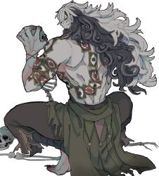 Rule 34 | 1boy, absurdres, ashiya douman (fate), ashiya douman (second ascension) (fate), black eyes, black hair, curly hair, earrings, eyeshadow, fate/grand order, fate (series), from behind, green eyeshadow, highres, holding, holding skull, japanese clothes, jewelry, long hair, magatama, magatama earrings, makeup, male focus, multicolored hair, muscular, muscular male, ofuda, onmyouji, profile, ra (nodhia5), simple background, skull, split-color hair, squatting, two-tone hair, white background, white hair