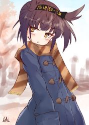 Rule 34 | 1girl, :o, absurdres, black hairband, blue coat, blush, brown eyes, brown hair, brown scarf, coat, commentary request, diagonal stripes, duffel coat, fringe trim, hachimaki, hair ears, hairband, hatsuzuki (kancolle), headband, highres, ichi (ichi.colors), kantai collection, long sleeves, looking away, looking to the side, parted lips, scarf, signature, solo, striped clothes, striped scarf, upper body