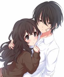Rule 34 | 1boy, 1girl, bandaid, bandaid on cheek, bandaid on face, bandaid on hand, black eyes, black hair, blush, brown eyes, brown hair, brown sweater, hand in another&#039;s hair, hands on another&#039;s chest, hetero, highres, hug, long hair, long sleeves, looking at another, looking away, looking to the side, looking up, parted lips, pink skirt, pleated skirt, sekina, shirt, simple background, skirt, sweater, upper body, white background, white shirt