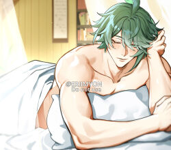Rule 34 | 1boy, alhaitham (genshin impact), artist name, bare shoulders, bedroom, collarbone, eriimyon, genshin impact, green eyes, green hair, hair between eyes, highres, indoors, looking at viewer, male focus, muscular, muscular male, one eye closed, pillow, seductive smile, smile, solo, topless male, twitter username, under covers