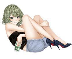Rule 34 | 1girl, absurdres, ass, bare shoulders, beer can, black camisole, blue eyes, blush, breasts, camisole, can, coffeedog, drink can, green eyes, green hair, grey shorts, heterochromia, high heels, highres, idolmaster, idolmaster cinderella girls, knees up, legs, looking at viewer, mole, mole under eye, pumps, shoes, short hair, shorts, simple background, smile, solo, stiletto heels, swept bangs, takagaki kaede, thighs, white background