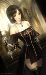 Rule 34 | 00s, 1girl, bare shoulders, black eyes, black hair, cowboy shot, cross, dress, dungeon and fighter, female focus, female priest (dungeon and fighter), gauntlets, highres, indoors, shale, short hair, solo, standing, thighhighs