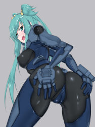 Rule 34 | 1girl, anus, ass, bell, blush, bodysuit, breasts, cameltoe, covered anus, cui yifei, fortified suit, green eyes, green hair, hair bell, hair ornament, highres, jingle bell, long hair, looking at viewer, looking back, medium breasts, muv-luv, muv-luv alternative, muv-luv total eclipse, nose blush, pilot suit, shingyou (alexander-13), sidelocks, simple background, smile, solo, spread ass, twintails, very long hair