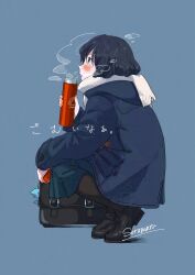 Rule 34 | 1girl, artist name, black coat, black hair, blue background, blue scarf, blue skirt, blush, briefcase, coat, from side, full body, highres, holding, holding thermos, long sleeves, original, scarf, school briefcase, short hair, simple background, skirt, solo, soramaru ell, squatting, thermos, translation request, twitter username, watermark