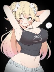 Rule 34 | absurdres, armpits, arms up, bare arms, blush, breasts, curvy, heart, highres, hololive, kuma no bansoukou, large breasts, momosuzu nene, momosuzu nene (casual), narrow waist, navel, official alternate hair length, official alternate hairstyle, sweat, very sweaty, virtual youtuber, w arms, wide hips