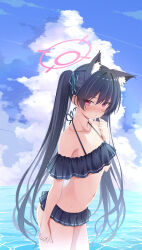Rule 34 | 1girl, animal ear fluff, animal ears, bare arms, bare legs, bare shoulders, bikini, black bikini, black hair, blue archive, blush, cat ears, cowboy shot, day, extra ears, frilled bikini, frills, halo, long hair, ocean, official alternate costume, outdoors, parted lips, pink halo, red eyes, serika (blue archive), serika (swimsuit) (blue archive), solo, swimsuit, tomosuke, twintails, water