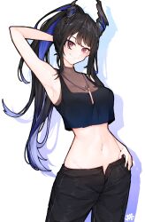 Rule 34 | 1girl, armpits, asymmetrical horns, black hair, black pants, black shirt, blue hair, blush, breasts, cleavage, colored inner hair, crop top, demon horns, denim, highres, hololive, hololive english, horns, long hair, looking at viewer, ma draws, medium breasts, midriff, mole, mole under eye, multicolored hair, navel, nerissa ravencroft, open fly, pants, ponytail, red eyes, see-through, see-through cleavage, shirt, smile, solo, two-tone hair, uneven horns, virtual youtuber