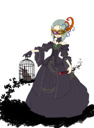 Rule 34 | 1girl, birdcage, rabbit, cage, demon&#039;s souls, domino mask, dress, feathers, female focus, flat color, formal, from software, gloves, hand fan, lipstick, makeup, mask, mephistopheles, murai shinobu, short hair, silver hair, solo, white background