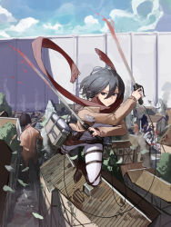 Rule 34 | 1girl, absurdres, black hair, boots, brown footwear, brown jacket, building, closed mouth, commentary request, day, full body, highres, holding, holding sword, holding weapon, jacket, knee boots, korean commentary, long sleeves, looking at viewer, mac star, midair, mikasa ackerman, outdoors, pants, purple eyes, red scarf, scarf, serious, shingeki no kyojin, shirt, short hair, solo, sword, thigh strap, titan (generic) (shingeki no kyojin), titan (shingeki no kyojin), weapon, white pants, white shirt