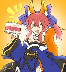 Rule 34 | 10s, 1girl, animal ears, breasts, cake, cleavage, collarbone, fang, fate/extra, fate/grand order, fate (series), food, fox ears, fox tail, highres, large breasts, one eye closed, open mouth, pink hair, rakkuguy, solo, tail, tamamo (fate), tamamo no mae (fate/extra), yellow eyes