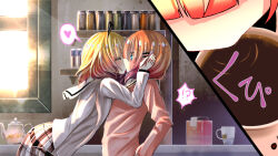 !? 1boy 1girl blonde_hair blue_eyes blunt_bangs closed_eyes coffee commentary crossdressing cup drinking from_side genderswap genderswap_(ftm) gochuumon_wa_usagi_desu_ka? hair_ornament hairclip heart hetero hoto_cocoa hoto_cocoa&#039;s_school_uniform indoors kirima_syaro kiss leaning_back leaning_forward long_sleeves medium_hair namazu_(6097232) orange_hair plaid_clothes plaid_skirt pleated_skirt profile school_uniform shelf skirt spoken_heart sunlight surprise_kiss surprised tedeza_rize&#039;s_school_uniform trap window