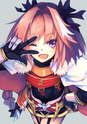 Rule 34 | 1boy, :d, androgynous, astolfo (fate), black bow, bow, braid, dress, fang, fate/apocrypha, fate (series), garter straps, grey background, hair between eyes, hair bow, hand on own hip, highres, long hair, male focus, open mouth, otogi kyouka, pink hair, ponytail, purple eyes, short dress, simple background, single braid, smile, solo, trap, v over eye, very long hair, w