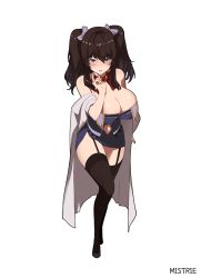 Rule 34 | 1girl, arm at side, artist name, bad id, bad pixiv id, bare shoulders, black thighhighs, bow, bowtie, breasts, brown hair, cleavage, clothing cutout, dress, epomeno, full body, garter straps, hair between eyes, hair bow, hand to own mouth, hand up, lab coat, large breasts, long hair, looking at viewer, navel, navel cutout, off shoulder, open clothes, original, parted lips, purple bow, purple eyes, red bow, red bowtie, simple background, solo, standing, strapless, strapless dress, thighhighs, twintails, white background